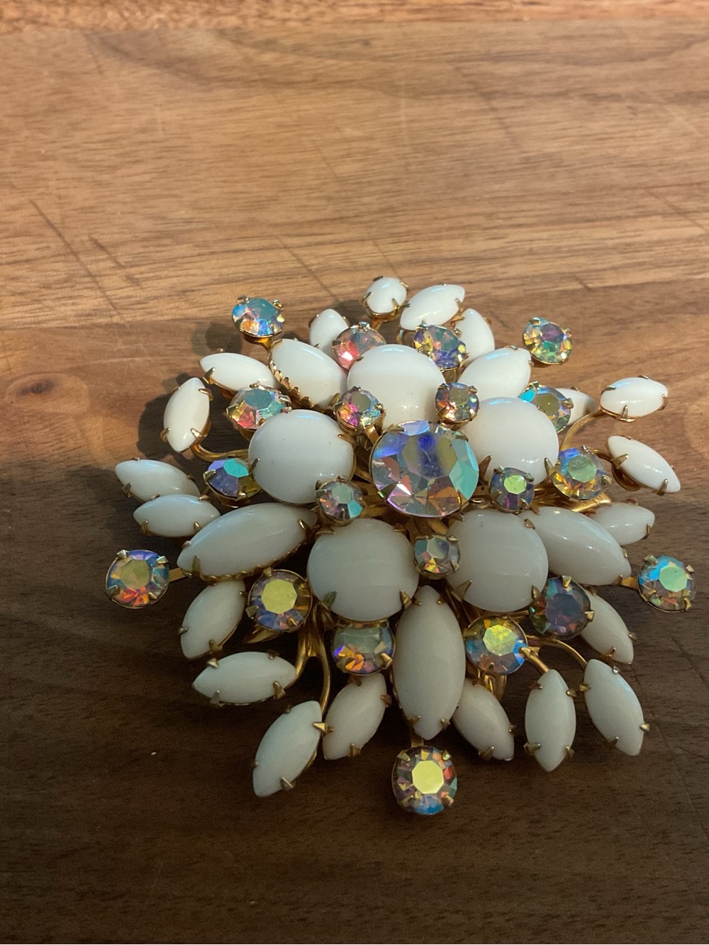 Vintage Milk Glass &Aurora Borealis Rhinestone Floral Cluster Brooch